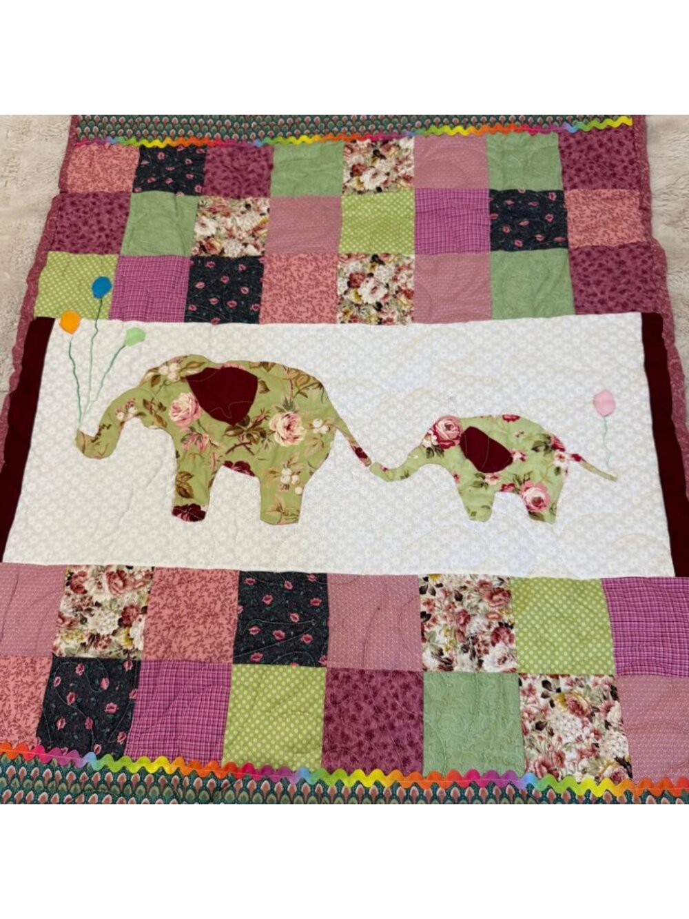 Handmade Patchwork Baby Quilt Pink Purple Floral Elephant Applique Blanket Nurse